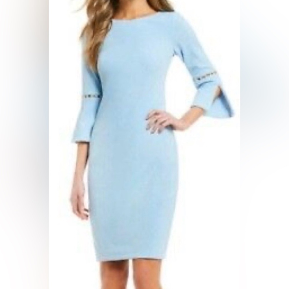 Calvin Klein Sheath Dress With Slit Sleeve And Pearl Detail in Aqua Size 6
